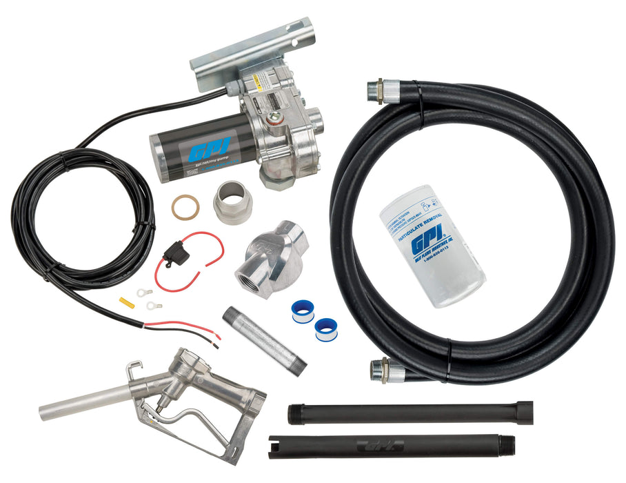 Content shot of M-180 Fuel transfer pump with manual leaded nozzle, dispensing hose, factory installed power cord, filter with adapter and installation kit, tank adapter, fuse assembly, and suction pipe