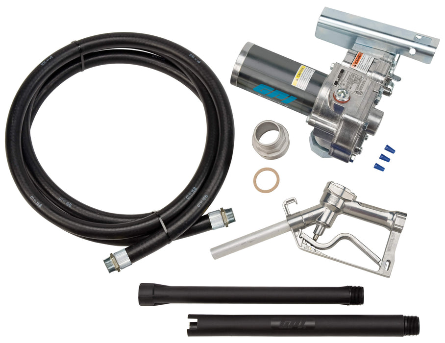 Content shot of M-1115 Fuel transfer pump with spin collar, manual unleaded nozzle, dispensing hose, suction pipe, tank adapter