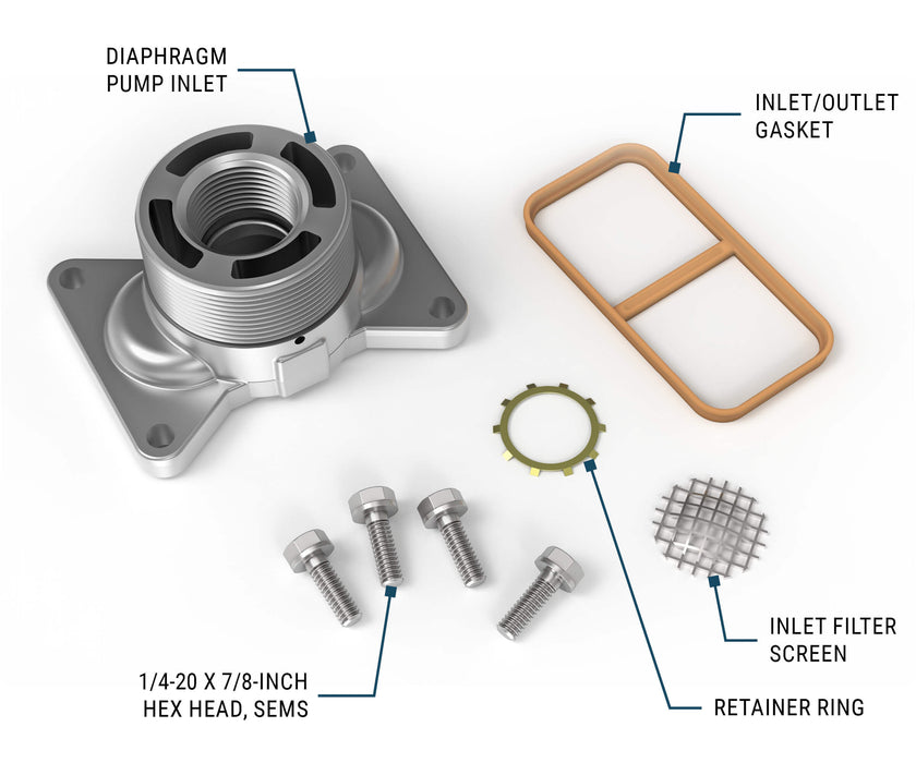 GPI inlet fitting kit for DP-20 Hand Pumps - diapharagm inlet, gasket, filter screen, retainer ring, hardware screws