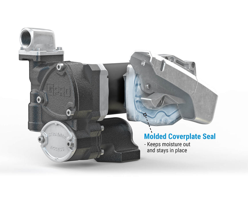 Enhanced content shot of GPRO V25 12-Volt Fuel transfer pump highlighting the molded cover plate seal with call out keeps moisture out and stays in place