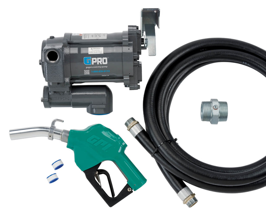 Content shot of GPRO PRO20-115 Fuel transfer pump with automatic nozzle, tank adapter, hose