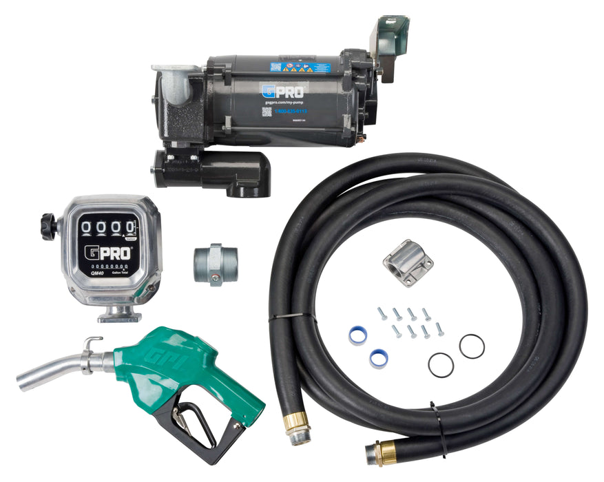 GPRO PRO35-115AD fuel transfer pump, automatic nozzle, tank adapter, hose, and QM40 fuel meter