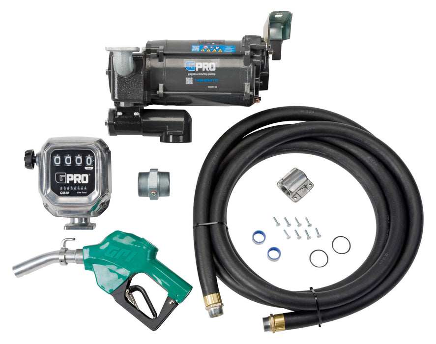 GPRO PRO35-115 fuel transfer pump, tank adapter, automatic nozzle, hose, and QM40 fuel meter
