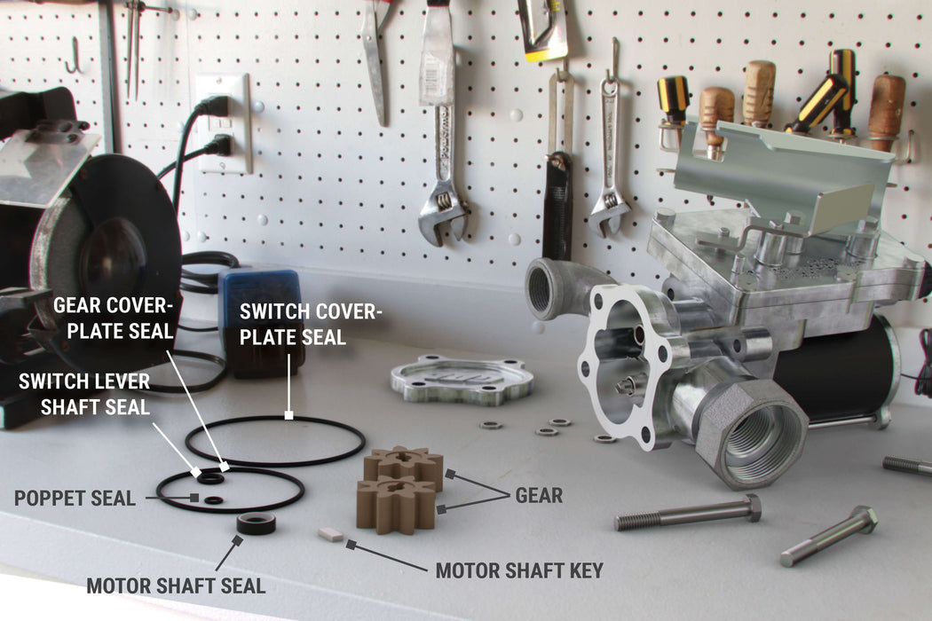 EZ8 pump and overhaul kit on a workbench with parts labeled view from the right