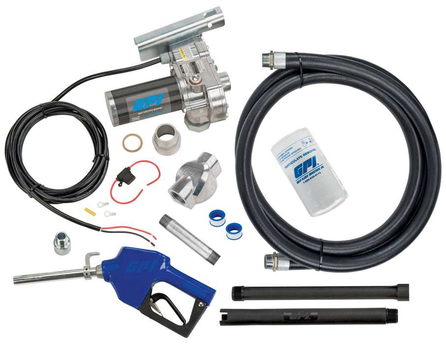 Content shot of M-180 Fuel transfer pump with automatic unleaded nozzle, dispensing hose, factory installed power cord, filter with adapter and installation kit, tank adapter, fuse assembly, and suction pipe
