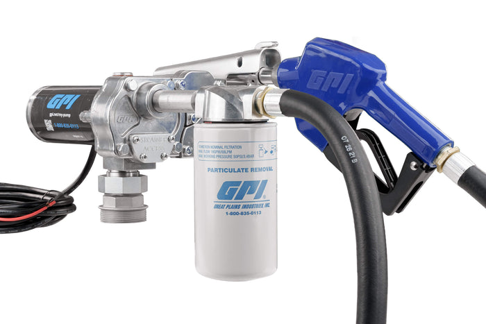 GPI M-180 Fuel transfer pump with automatic nozzle, hose, factory installed power cord, and fuel filter