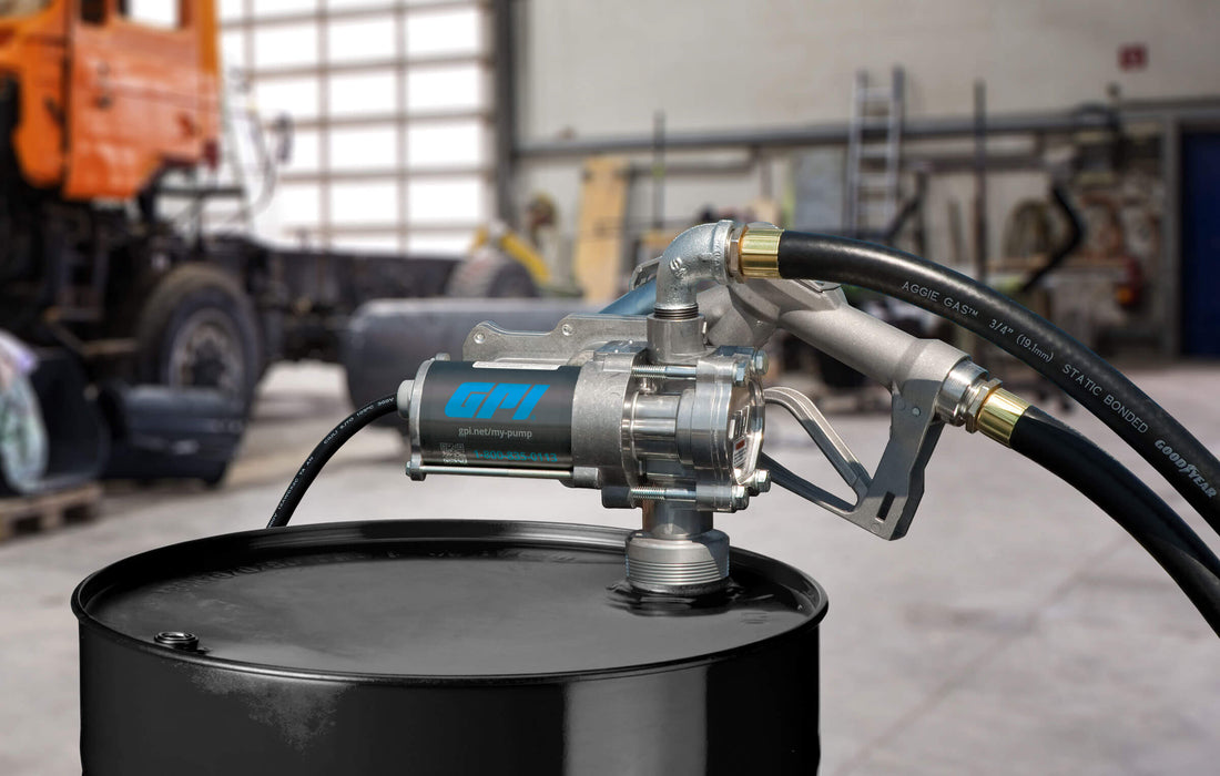 GPI EZ8 fuel transfer pump complete system on a black fuel tank in large equipment shop