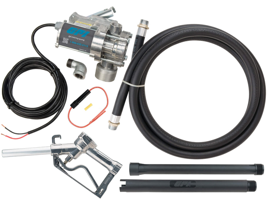 GPI EZ8 unassembled components Pump, Man. shut-off unleaded nozzle, Dispensing and Suction hose, power cord w/alligator clips