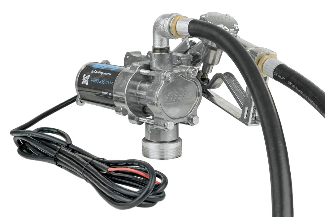GPI EZ8 direct mount fuel transfer pump with manual nozzle, fuel hose, and factory installed power cord