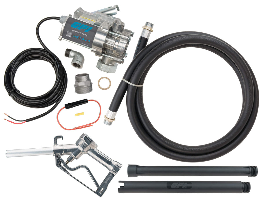 GPI EZ8 unassembled components Pump, Man. shut-off unleaded nozzle, spin collar, Dispensing and Suction hose, power cord w/alligator clips