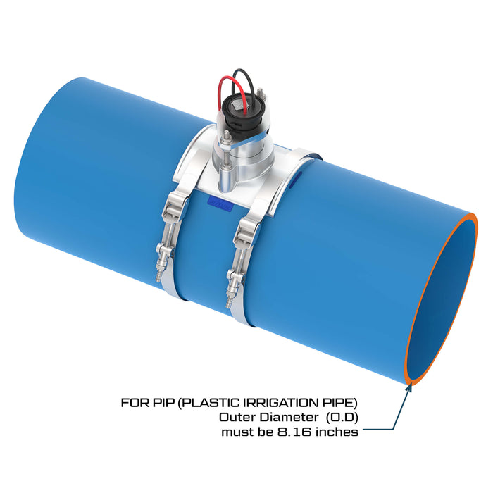 FLOMEC QS200 Ultrasonic insertion irrigation flow sensor with saddle mounted on 8.16-inch plastic irrigation pipe