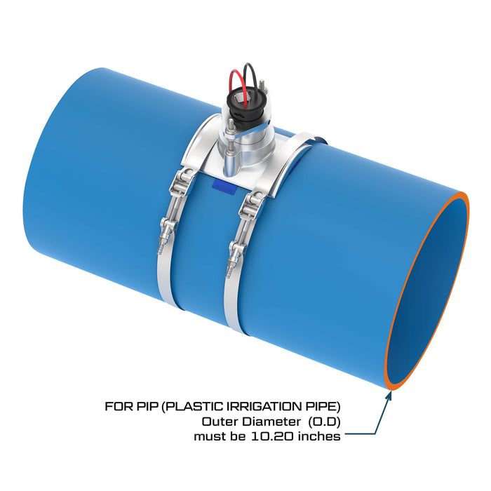 FLOMEC QS200 Ultrasonic insertion irrigation flow sensor with saddle mounted on 10.20-inch plastic irrigation pipe