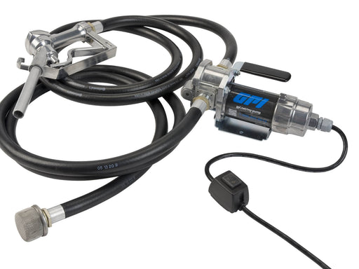 GPI G8P portable fuel transfer pump with manual unleaded nozzle, hose, and factory installed power cord.