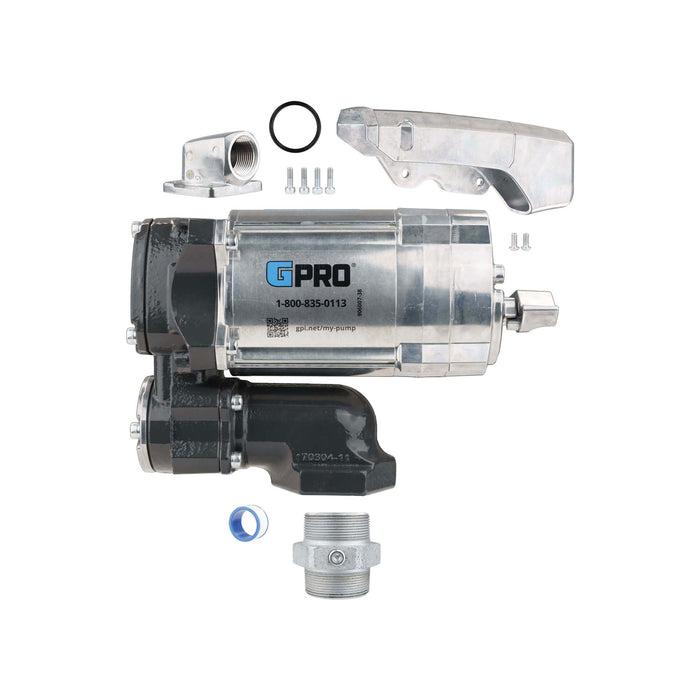 GPRO V20 1-inch pump only unassembled parts showing the pump, nozzle cover, modular fitting w/hardware, tank adapter and thread tape