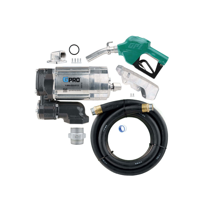 GPRO V20 1-inch outlet unassembled showing pump, nozzle cover, automatic shut-off diesel nozzle, hose, modular fitting w/hardware, tank adapter, thread tape