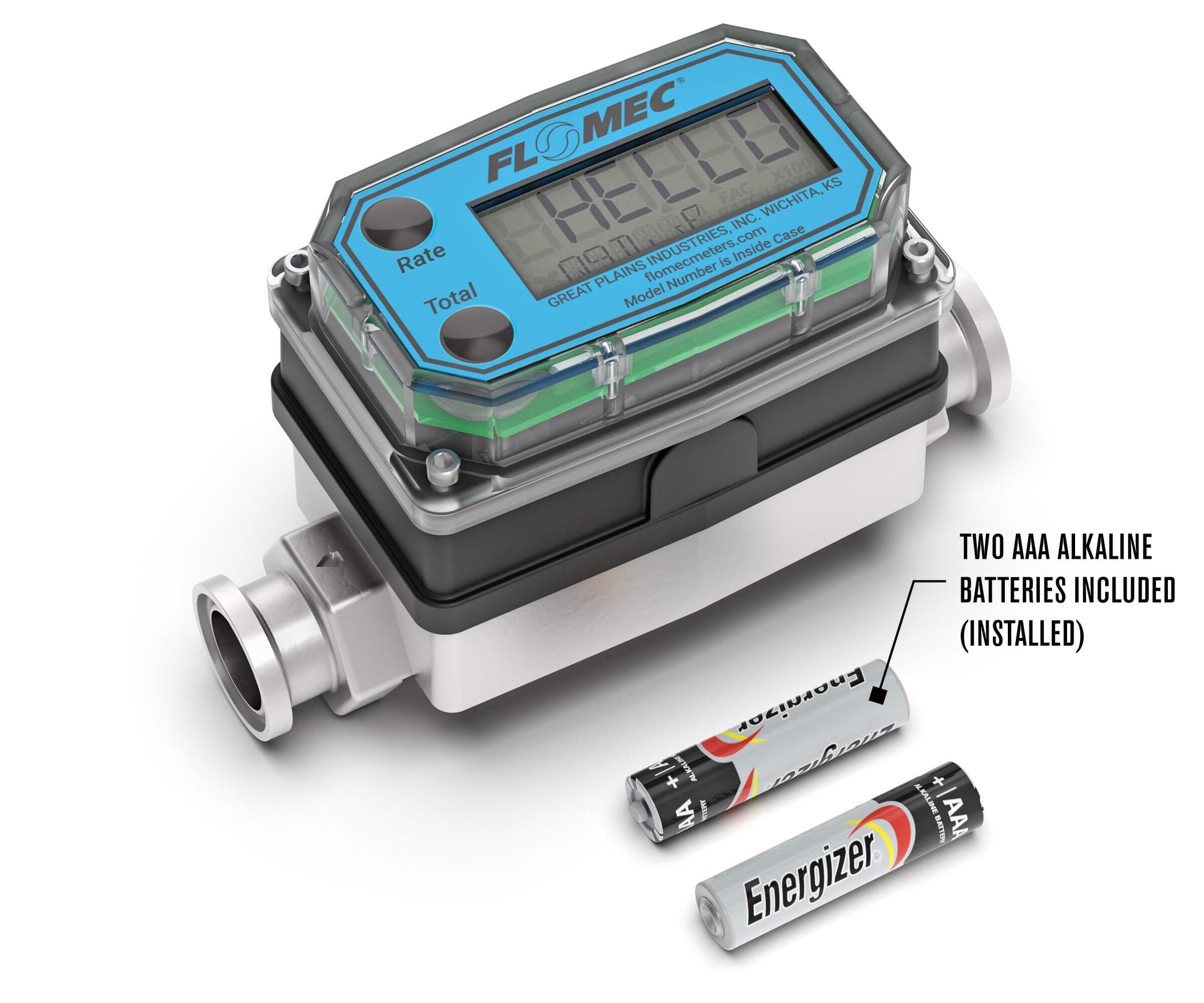 FLOMEC G2 High-Temp Brew Meter with Sanitary Fittings and Local Digital Display Tri-Clamp with 2 AAA Batteries