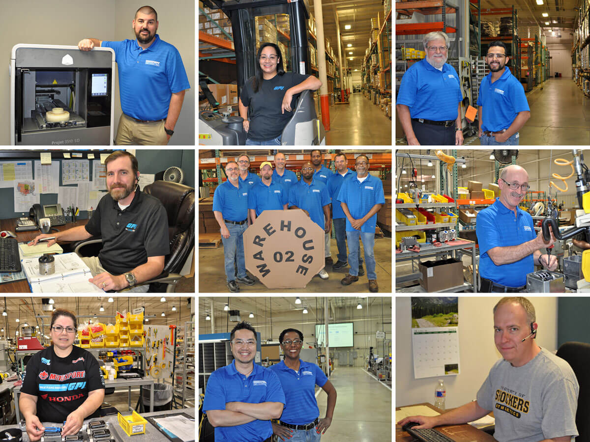 Collage of warehouse workers in various settings wearing blue shirts.