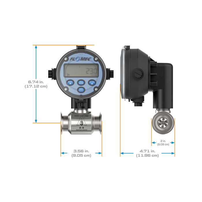 Turbine Flow Meter, Battery Powered Display, 3A Food Grade, Stainless Steel Body for Food Processes