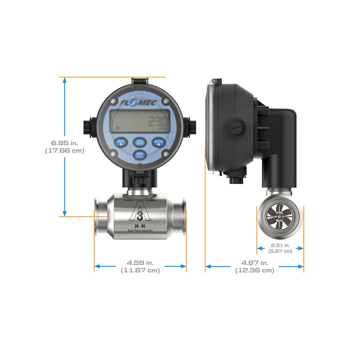 Turbine Flow Meter, Battery Powered Display, 3A Food Grade, Stainless Steel Body for Food Processes