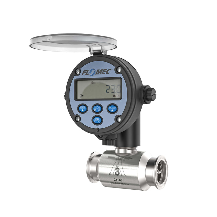 Turbine Flow Meter, Battery Powered Display, 3A Food Grade, Stainless Steel Body for Food Processes