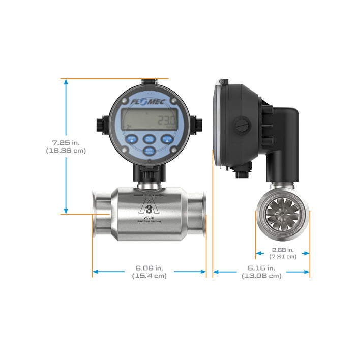 Turbine Flow Meter, Battery Powered Display, 3A Food Grade, Stainless Steel Body for Food Processes