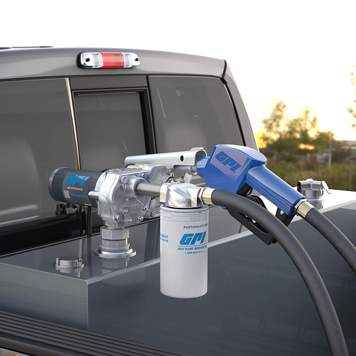 GPI M-150 Fuel transfer pump mounted to a grey tank in the back of pickup