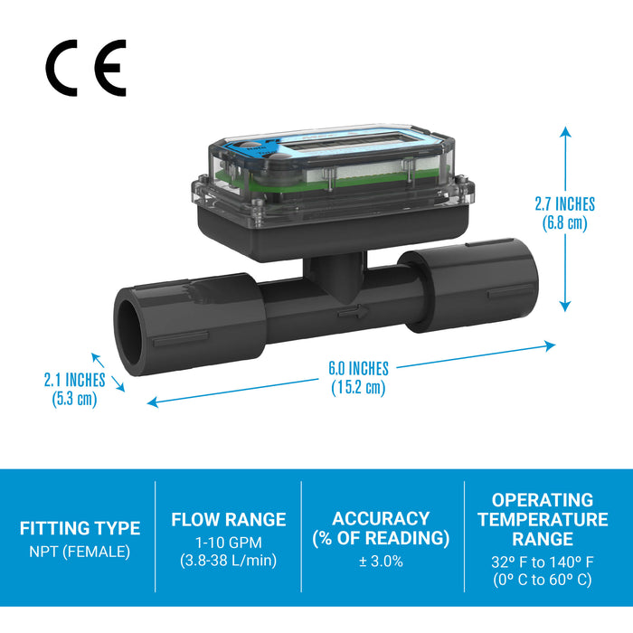 FLOMEC TM 1/2-inch Meter showing specs, dimensions and certifications