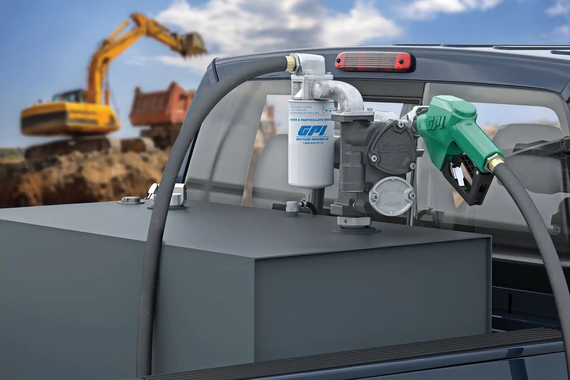 V-25 Pump installed on a tank in the back of a truck on a construction site.