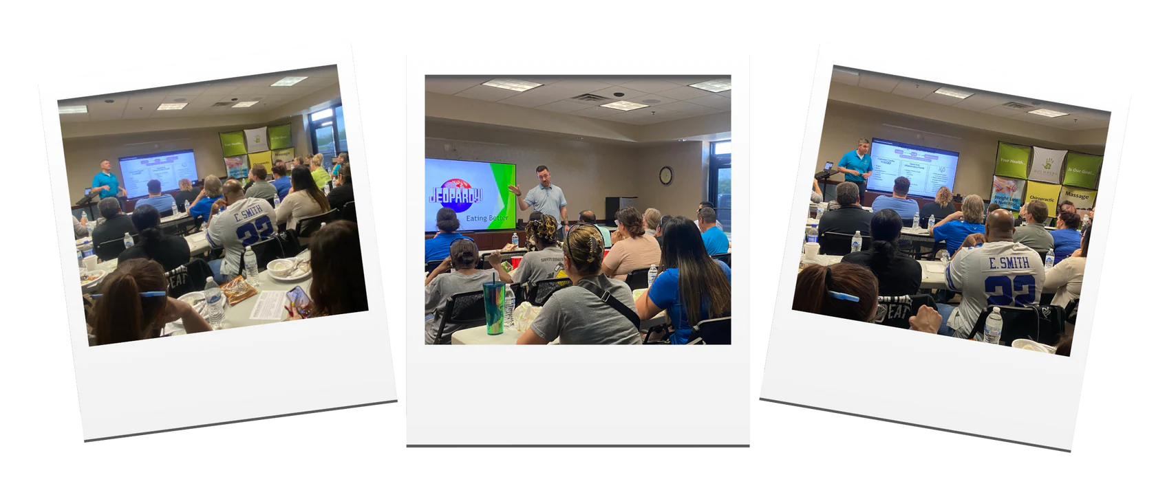Three polaroid-style images of a conference or workshop with people listening to a speaker.