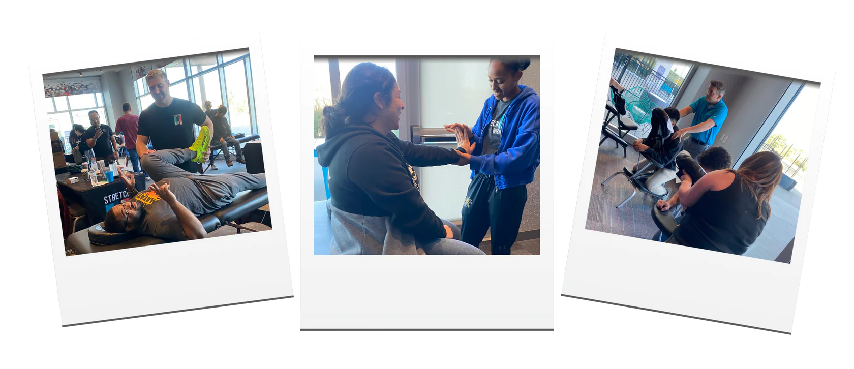 Three polaroid-style images of people in a rehab setting, possibly a clinic or hospital.