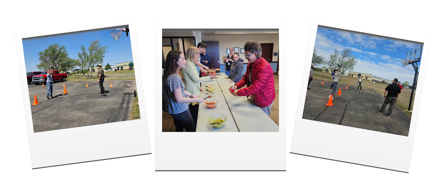 Three Polaroid-style photos showing outdoor activities with people and equipment.