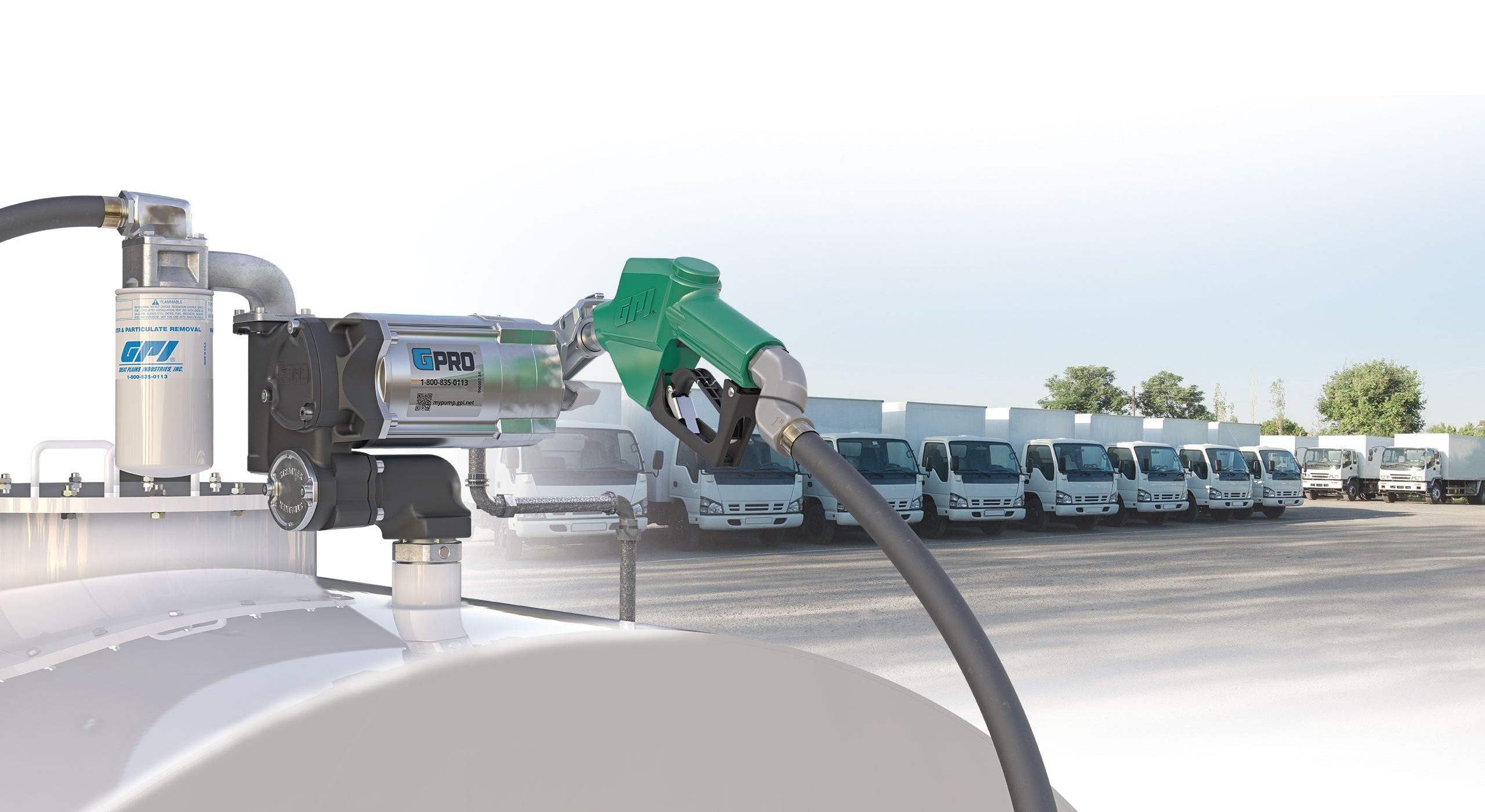 Fuel pump nozzle being inserted into a vehicle's fuel tank with a row of white vans in the background.