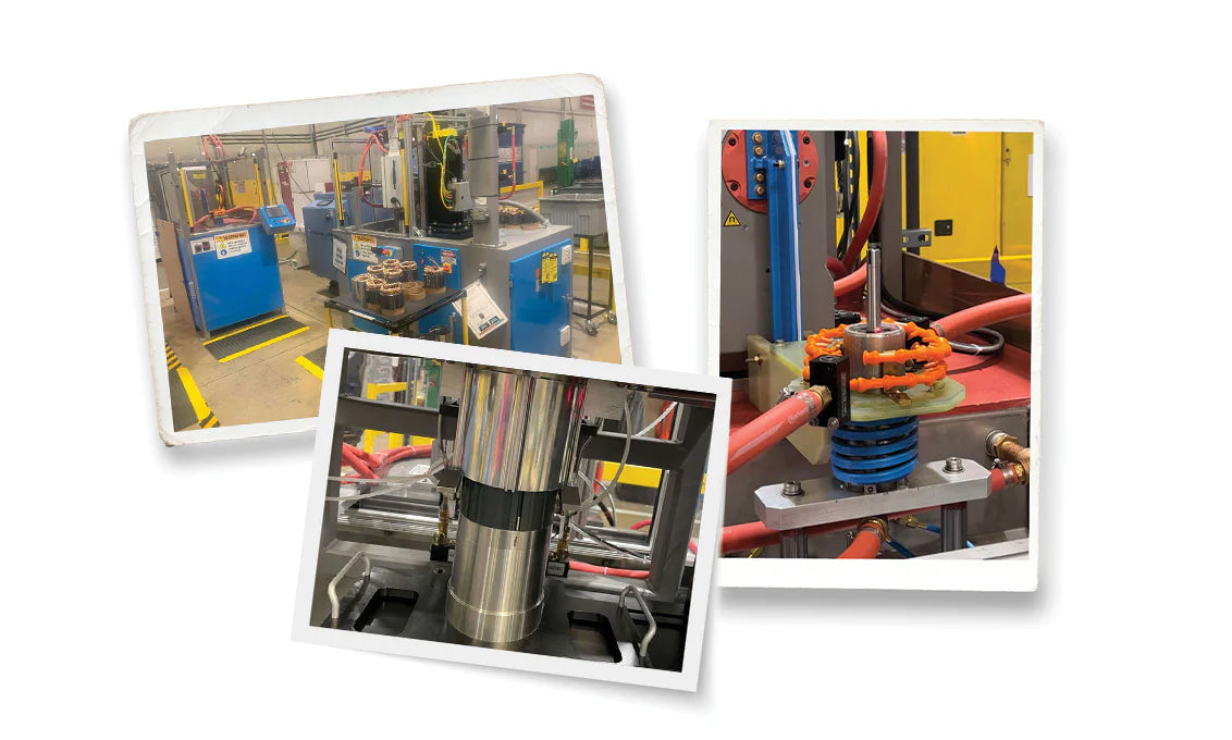 Collage of images showing industrial equipment and a workshop.