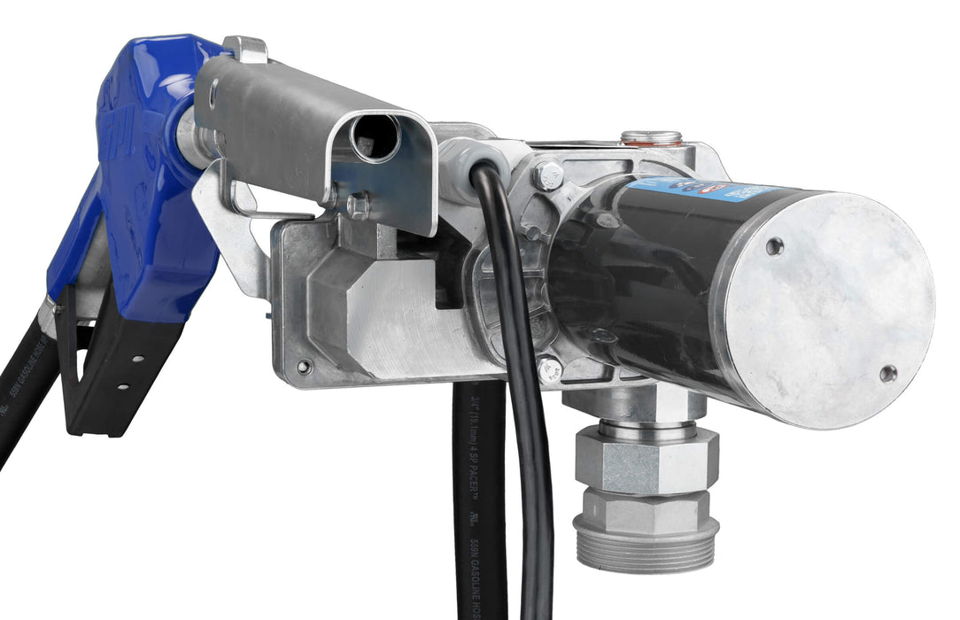 Rear nozzle side view of the GPI M-150S-AU fuel transfer pump with automatic shut-off unleaded nozzle