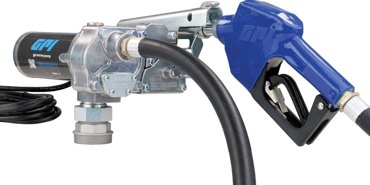 Roughneck 12V Diesel Fuel Transfer Pump — 8 GPM, Manual Nozzle, Hose