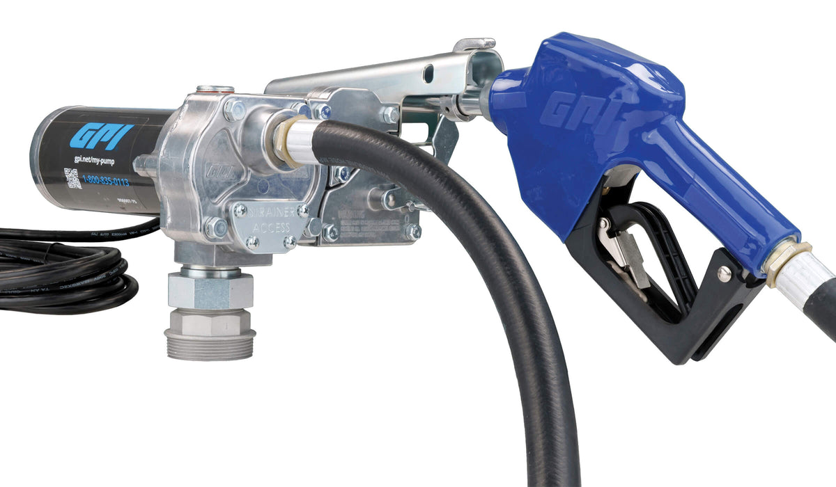 GPI M-150 Fuel transfer pump with automatic shutoff nozzle, fuel hose, and factory installed power cord.