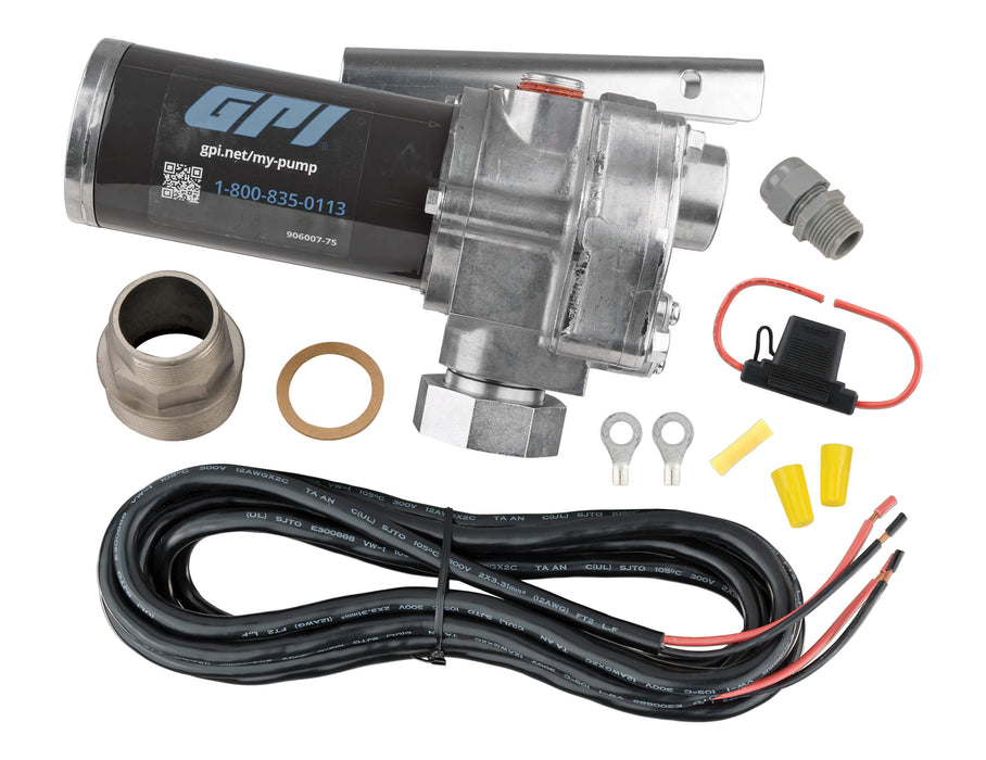 Unassembled GPI M-150 Pump (ABGAS / JET A Compatible) spin collar, power cord, lockable nozzle holder, tank adapter, fuse assembly, and thread tape