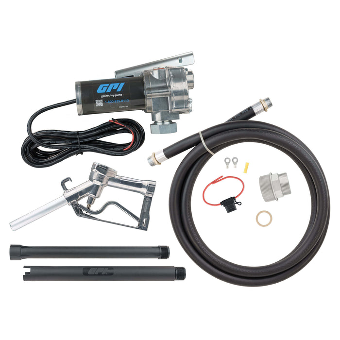 Content shot with M-240 Fuel transfer pump with factory installed power cord, fuel hose, manual shut-off nozzle, adjustable suction pipe, replaceable fuse, and tank bung adapter.