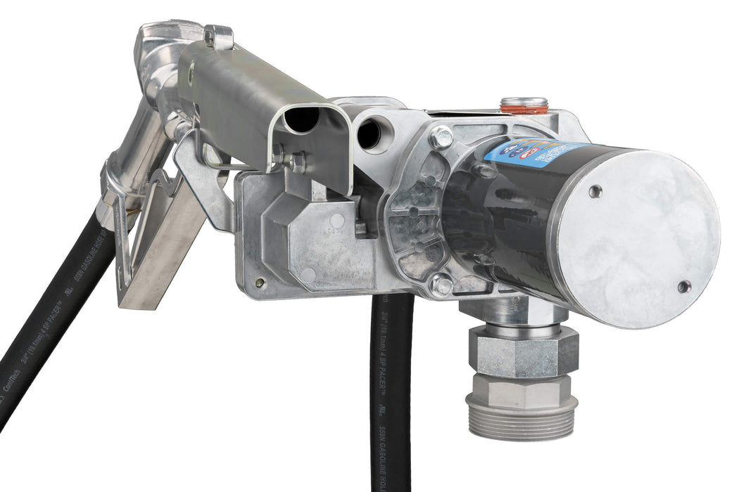 Side view of GPI M-1115 Fuel transfer pump with spin collar, manual nozzle, and hose