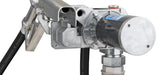 Side view of GPI M-1115 Fuel transfer pump with spin collar, manual nozzle, and hose