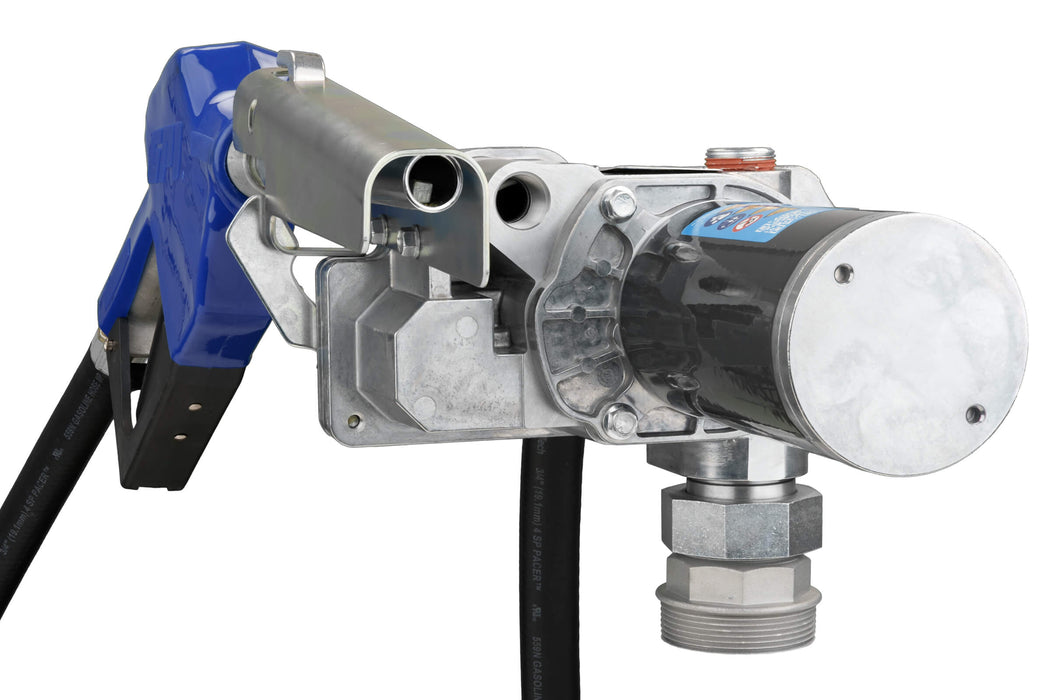 Back view of GPI M-1115 Fuel transfer pump with spin collar, automatic nozzle, and hose