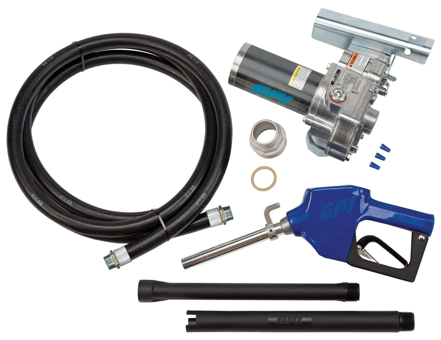 Content shot of GPI M-1115 Fuel transfer pump with spin collar, automatic unleaded nozzle, hose, suction pipe, and tank adapter
