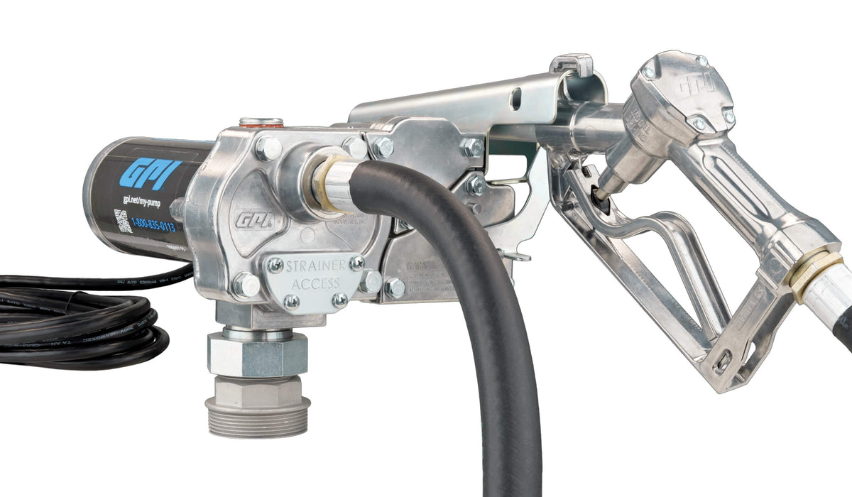 Front pump view of the GPI M-150 with manual shut-off unleaded nozzle and factory installed power cord
