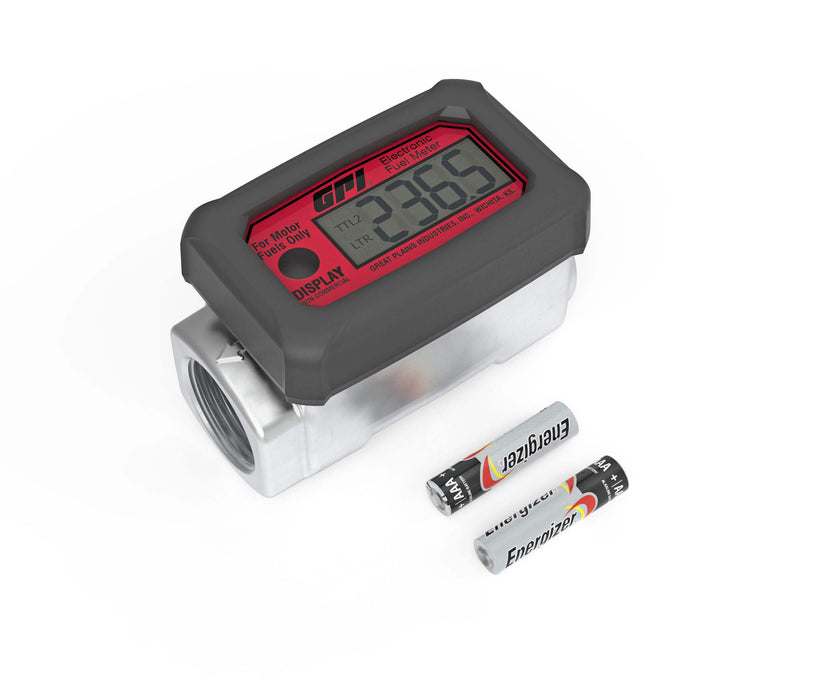 GPI 01A31GM red faced inline 1-inch BSPP Litres digital fuel meter shown with 2 AAA Batteries
