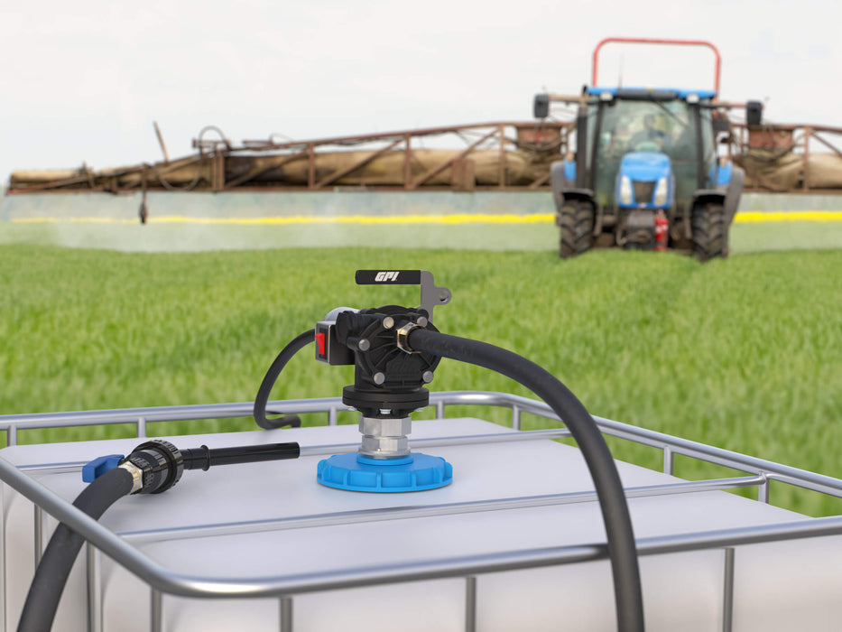 GPI P-200H-2UR Chemical Transfer Pump mounted to tank in front of crop field sprayer