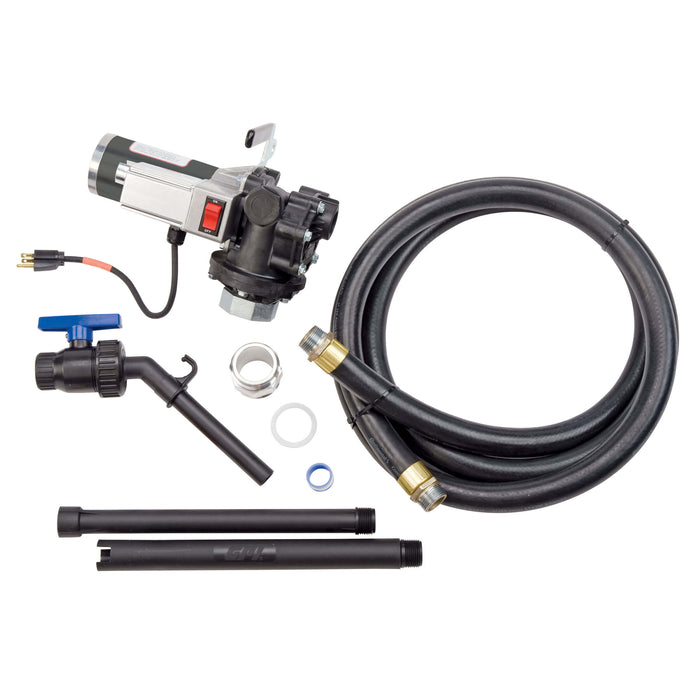 GPI Light duty oil transfer pump shown disassembled pump, nozzle, dispensing hose, telescoping suction pipe, and tank adapter