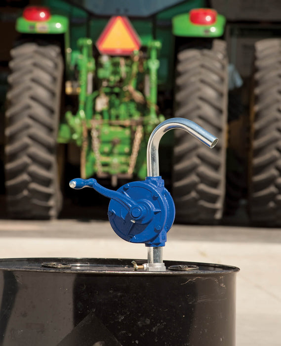 GPI RP-5 rotary action hand pump mounted to a tank in front of tractors