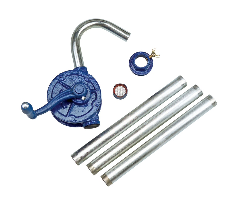 GPI RP-5 rotary action hand pump, three-piece metal suction pipe, bung adapter, polyethylene seal, suction pipe couplers