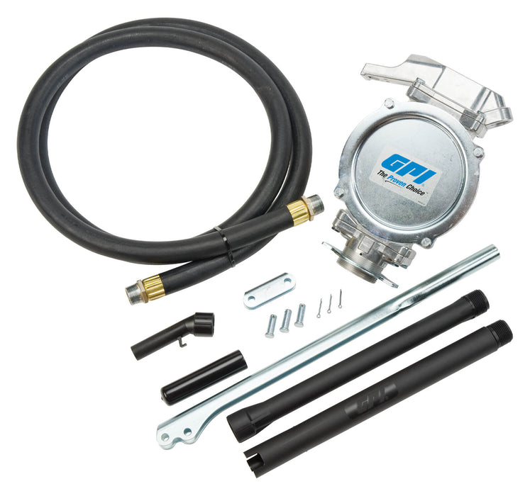 GPI DP-20 UL hand pump, telescoping suction pipe, dispensing hose with spout, lockable lever, assembly hardware