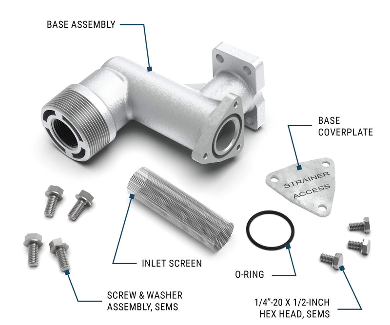 GPI L-Series heavy duty oil pump base assembly, base coverplate, inlet screen, O-ring and hardware